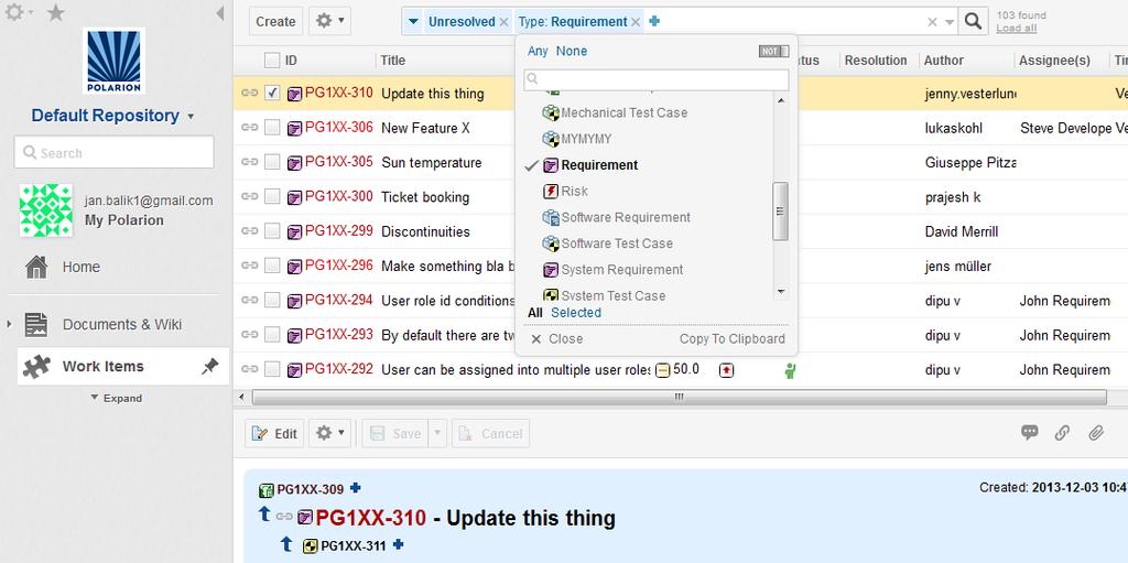 Obrázek 11: výběr typu Work items, zdroj výstupy z Polarion ALM Dále uživatel může vybrat postup práce s Work items, v