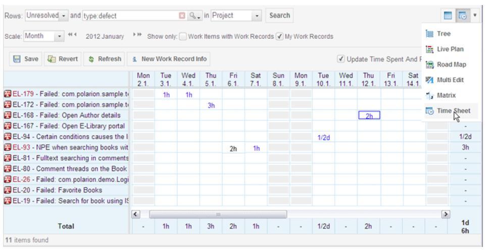 Obrázek 15: Time Sheet (Polarion Software) Dále pomocí tohoto softwaru lze vytvářet různé dashboardy, testovat
