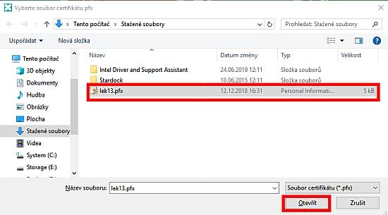 16. Otevře se dialog Windows pro výběr souboru s certifikátem.