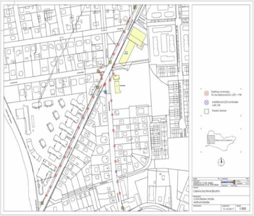 Obrázek 14 Pilotní oblast, Schönfließer Straße, Hattwichstraße Koncept dynamického osvětlení Původní osvětlovací soustava byla tvořena 20 let starými svítidly (typ Philips SGS 203) namontovaných na