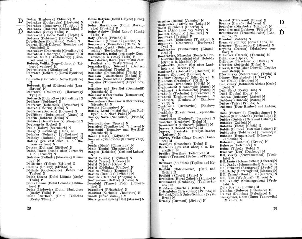 D Dobra [Krarovsky Chlumec] Dobl'aken (Doubravka) [Hostouii] -- Dobrakell (Doubrava) [Touskov] D v Dobranov (Dobern) [eeska Lipa] Dobratice [eesky Tesin] P Dohrawod (Dobra Voda) [Tepla] Dobrenz