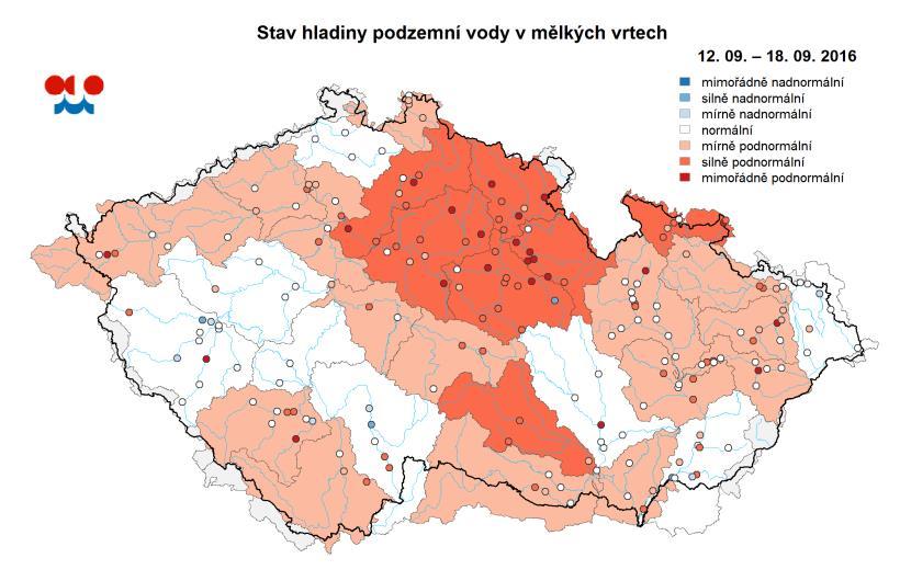 E. Podzemní vody Stav podzemních vod je hodnocen podle pravděpodobnosti překročení hladiny ve vrtu v příslušném týdnu.