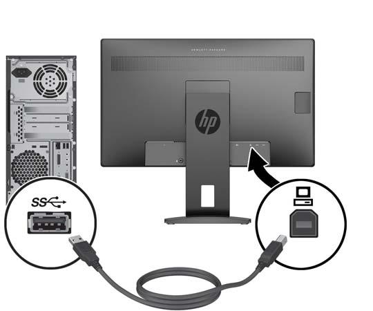 4. Kabel USB typu B pro odchozí připojení zapojte do konektoru USB pro odchozí připojení na zadní straně monitoru a konektor typu A kabelu zapojte do portu USB pro příchozí připojení na zdrojovém