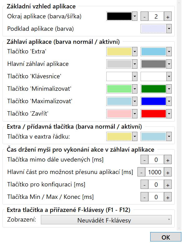 7.4 Záložka Aplikace Obsahuje položky pro nastavení vzhledu a chování aplikace. Základní vzhled aplikace: Obrázek 12 Nastavení základního vzhledu a chování aplikace.