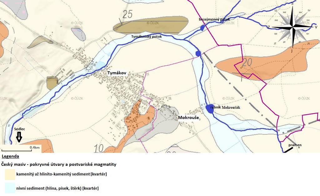 METODIKA Obr. 6. Geologická mapa sledovaného území Tymákov [7] LETKOV Božkovský potok vytéká z rybníka na konci Letkova dvěma rameny.