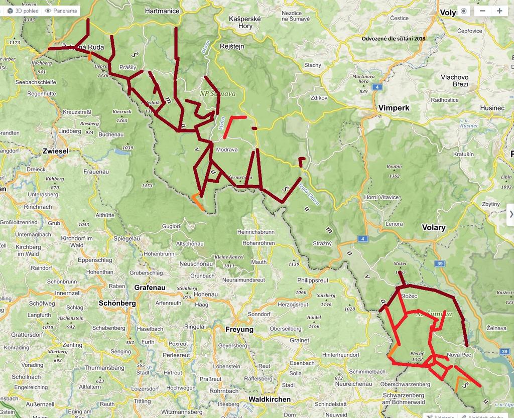 Předpokládané hodnoty rušení v území navrženém za klidové Z analýzy návštěvnosti, která může být kriticky rušivá pro výskyt tetřeva hlušce, vystupují tyto turistické trasy: Obr.