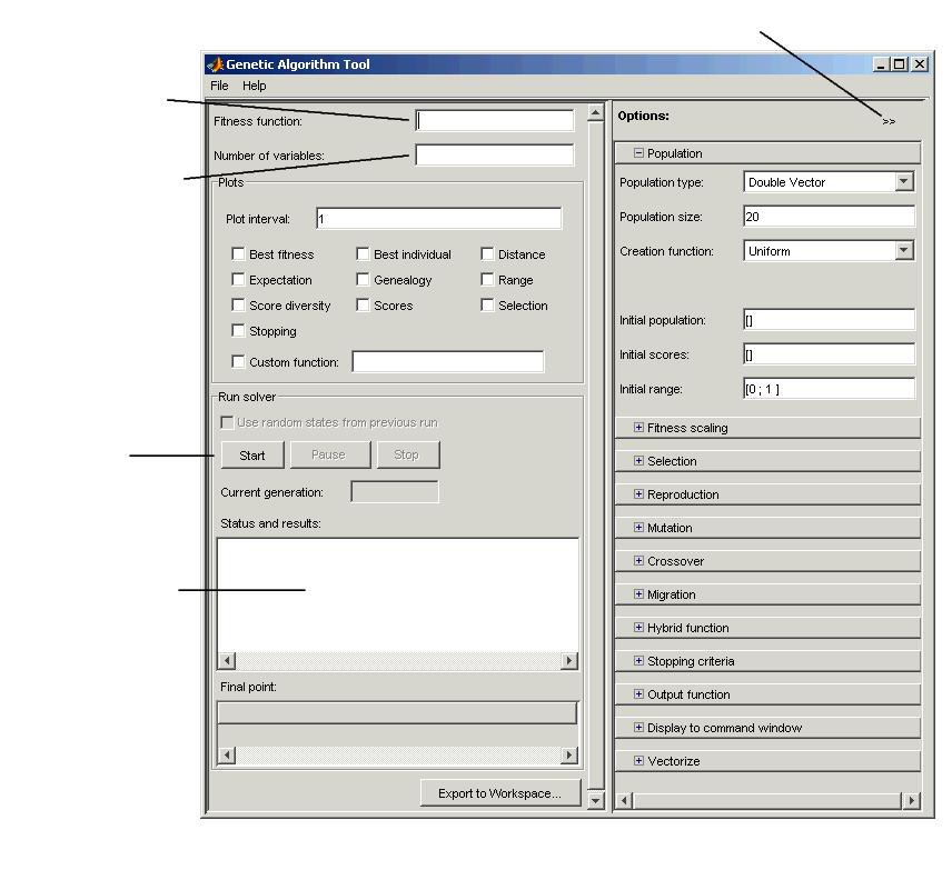 6 MATLAB TOOLBOX GENETICKÉ ALGORITMY Máme dvě možnosti jak používat toolbox genetických algoritmů: Použití Genetic Algorithm Tool, což je grafické rozhraní genetických algoritmů nebo použití