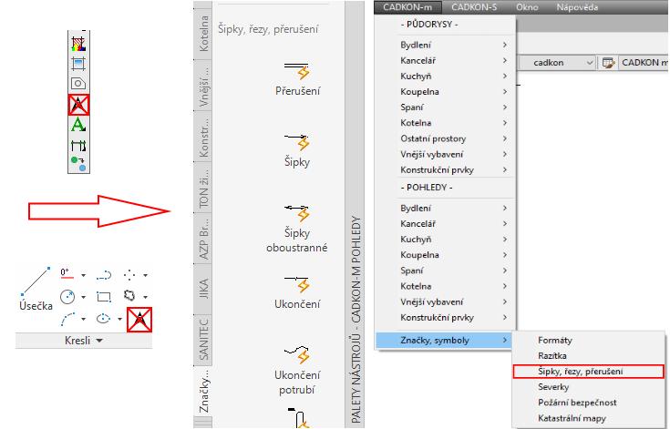 Symboly Původní nabídka bloků Symboly byla přesunuta z ribonu/toolbaru Kresli do knihovny CADKON-m > Značky, symboly > Šipky, řezy, přerušení.