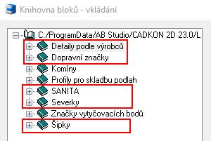 Knihovna uživatelských bloků Z knihovny uživatelských bloků byly odstraněny složky, které jsou již součástí knihovny CADKON-m.