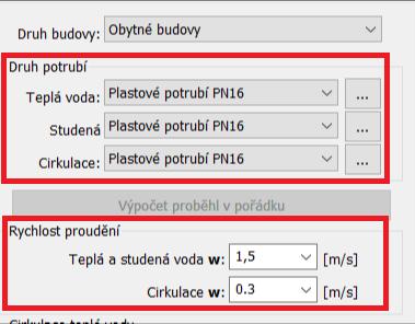 Výpočet cirkulace teplé vody a nastavení vyvažovacích ventilů. Možnost nastavit různé materiály potrubí pro teplou, studenou vodu a cirkulaci.