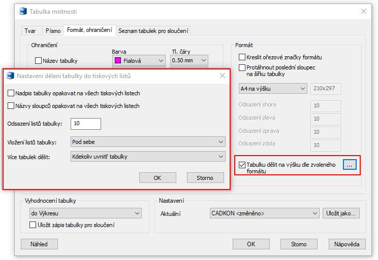 Nastavení dělení tabulky dle zvoleného formátu do tiskových listů.