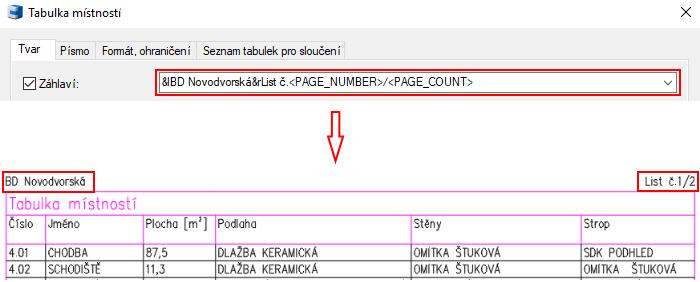 listu a číslo celkového počtu tiskových listů. Nastavení záhlaví tabulky a její vykreslení do výkresu.