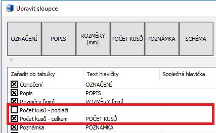 Nastavení pro zobrazení celkového kusovníku bez sloupců kusovníku dle podlaží. Nastavení pro zobrazení sloupců kusovníku dle podlaží i celkového kusovníku.