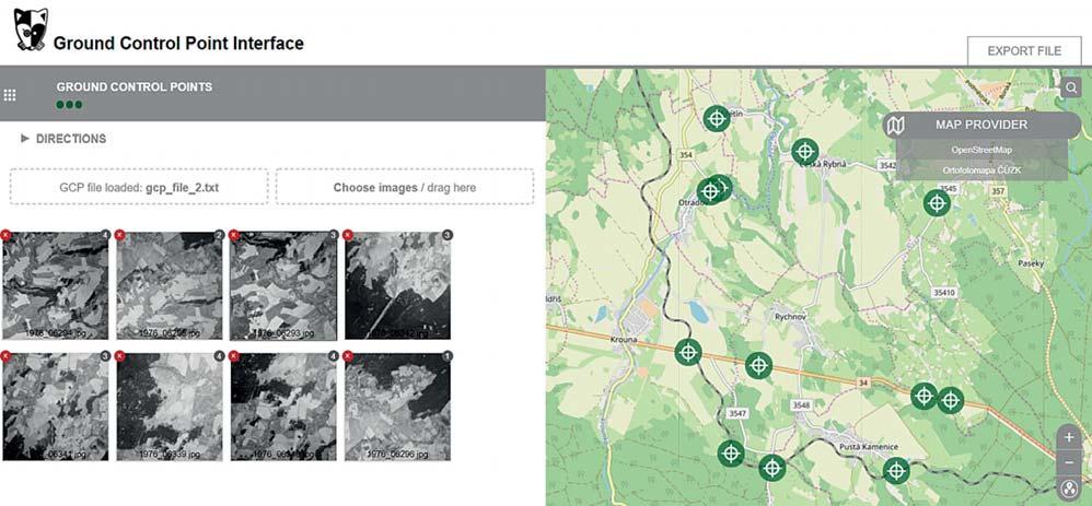 28 ročník 65/107, 2019, číslo 2 Obr. 11 Webová aplikace pro měření souřadnic výchozích bodů Obr. 12 Znázornění masky použité při mozaikování snímků do výsledné ortofotomapy 2.2.5 Ortogonalizace a