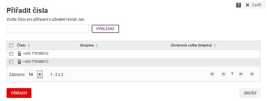 Obrázek Výběr čísla Kliknutím v zaškrtávacím políčku vyberete jedno nebo více čísel, které chcete uživateli přiřadit, a kliknete na Přiřadit.