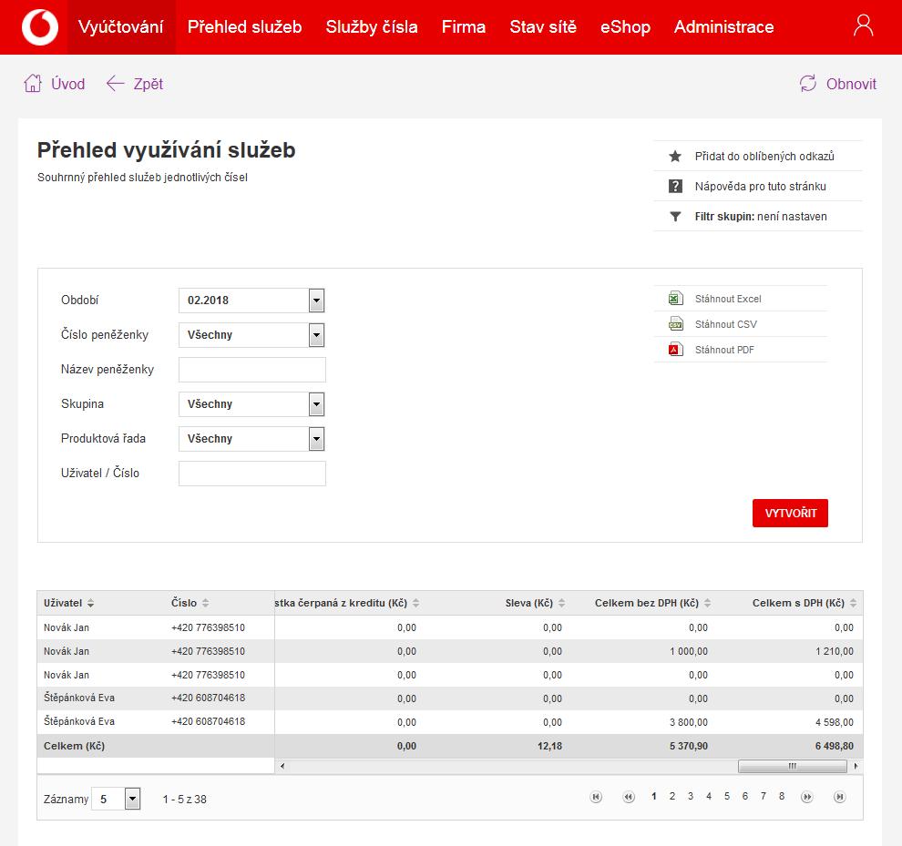 2. Pro zobrazení jednotlivých čísel je třeba zvolit období, pro které se má vyúčtování zobrazit, a případně další parametry jako konkrétní číslo peněženky, název, skupina, ke které je číslo