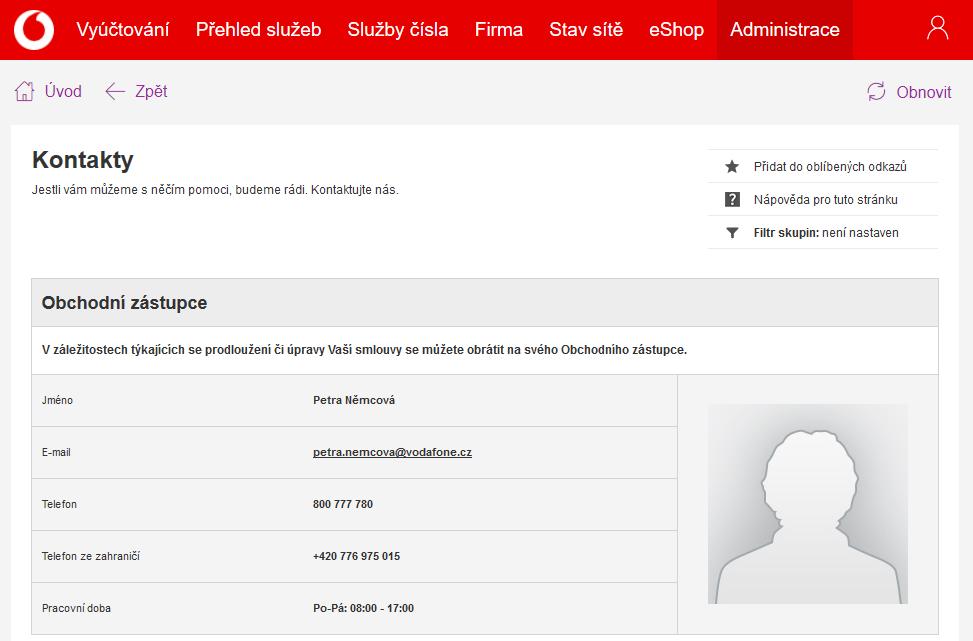 Kontakty Tato kapitola popisuje zobrazování informací o prodejních kontaktech a kontakty na zákaznickou podporu. Pro zobrazení kontaktů Vodafonu: 1.