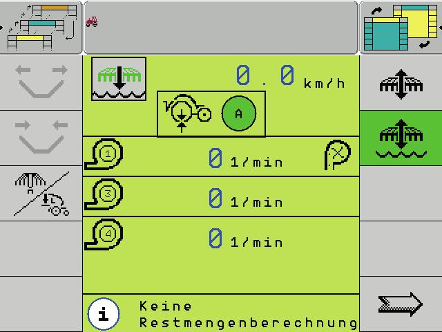 Režim mokřina AutoForce podrobná obrazovka V pracovní obrazovce se stavový ukazatel v pracovní obrazovce při aktivaci režimu mokřina přepne na zelenou barvu, nezávisle na hodnotě, která je přítomna