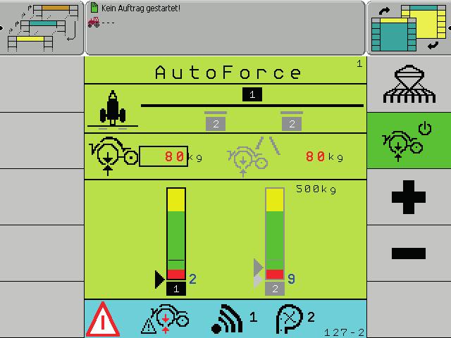 Kódy chyb Přerušení kabelu (ErrorCode 87) Kontakt s půdou ztracen (ErrorCode 127) sim 5.0 km/hod. AutoForce 180TK / ha 0kg / ha 80 kg 80kg 500 kg TZ 182 VK 9 % Požad.