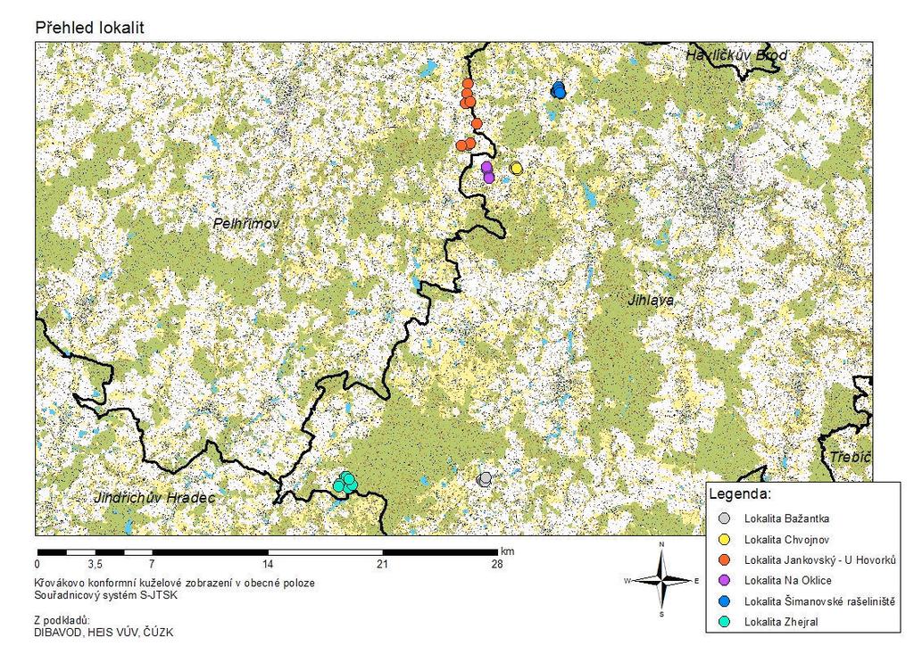 Obrázek 1: Přehledná mapa polohy zájmových lokalit Nadmořská výška se pohybuje okolo 606 m n. m. Pro klimatologickou charakteristiku byly v předmětném období využity údaje blízkých měřicích stanic ČHMÚ.