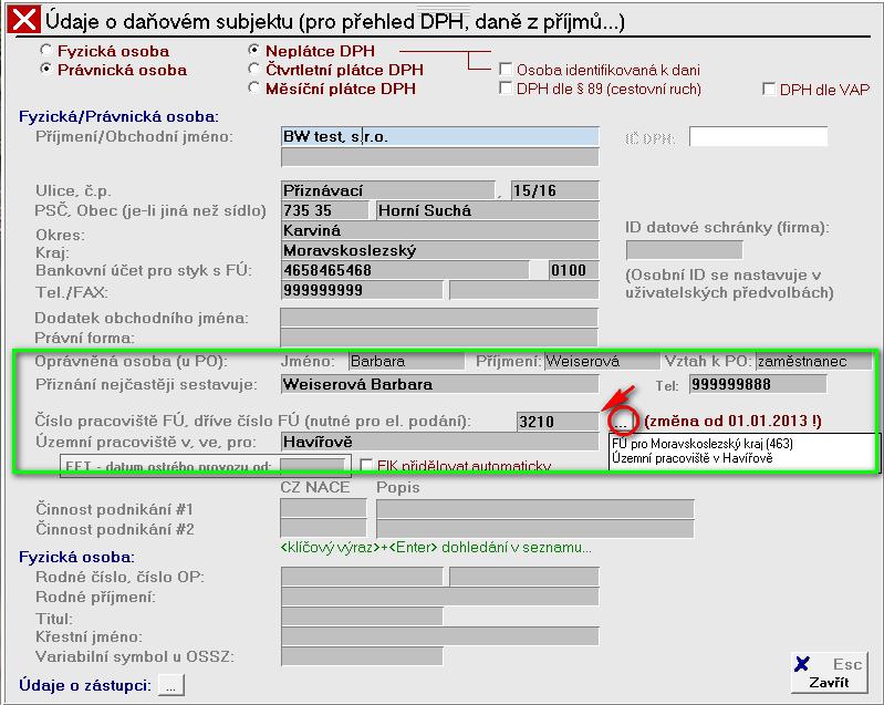 Pokud tam údaje o finančním úřadu dosud nemáte vyplněno - doplňte všechny údaje (kód vašeho finančního úřadu si doplníte volbou z číselníku).