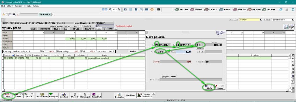 dnů ručně zapíšete 0,5 a potvrdíte ENTER - propočte se položka jen za polovinu směny (zbytek směny se zaměstnanci doplní při zahájení měsíce automaticky. Stejnému zaměstnanci na 24
