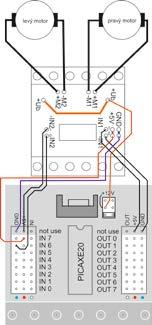 Aby tomu tak bylo, zapojíme tedy podvozek s deskou H-bridge i procesoru podle následujícího obrázku. Obrázek 11 deska H-bridge H&S electronic systems Motory připojíme k výstupům M1 a M2.