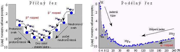- př. 100Sn (50p, 50n) T1/2 = cca 1 s nejstabilnější jádra jsou sudo-sudé, pak sudo-liché či licho-sudé a jen 4 stabilní licho-liché: 2H (1p, 1n), 6Li (3p, 3n), 10B (5p, 5n) a 14N (7p, 7n)