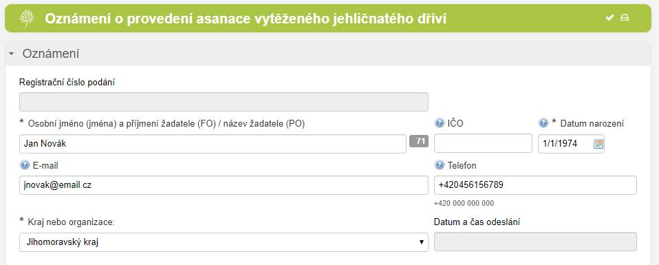 Registrační číslo podání Pole je vyplněno automaticky po odeslání formuláře a obsahuje jednoznačný identifikátor podání oznámení.