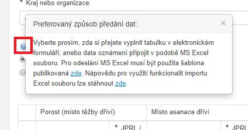 Pro vložení dat oznámení v podobě Excel souboru je třeba zaškrtnout volbu Přiložení MS Excel souboru. Zaškrtnutím této volby dojde k přepnutí do módu vložení souboru a on-line tabulka je odstraněna.