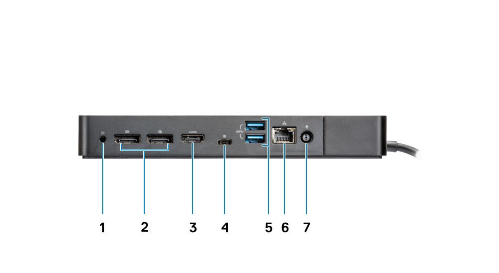 2 Slot na zámek Kensington Obrázek 4. Zadní pohled 1 Linkový výstup 2 DisplayPort 1.4 (2) 3 Port HDMI 2.0 4 Port USB 3.1 1. generace / 2.