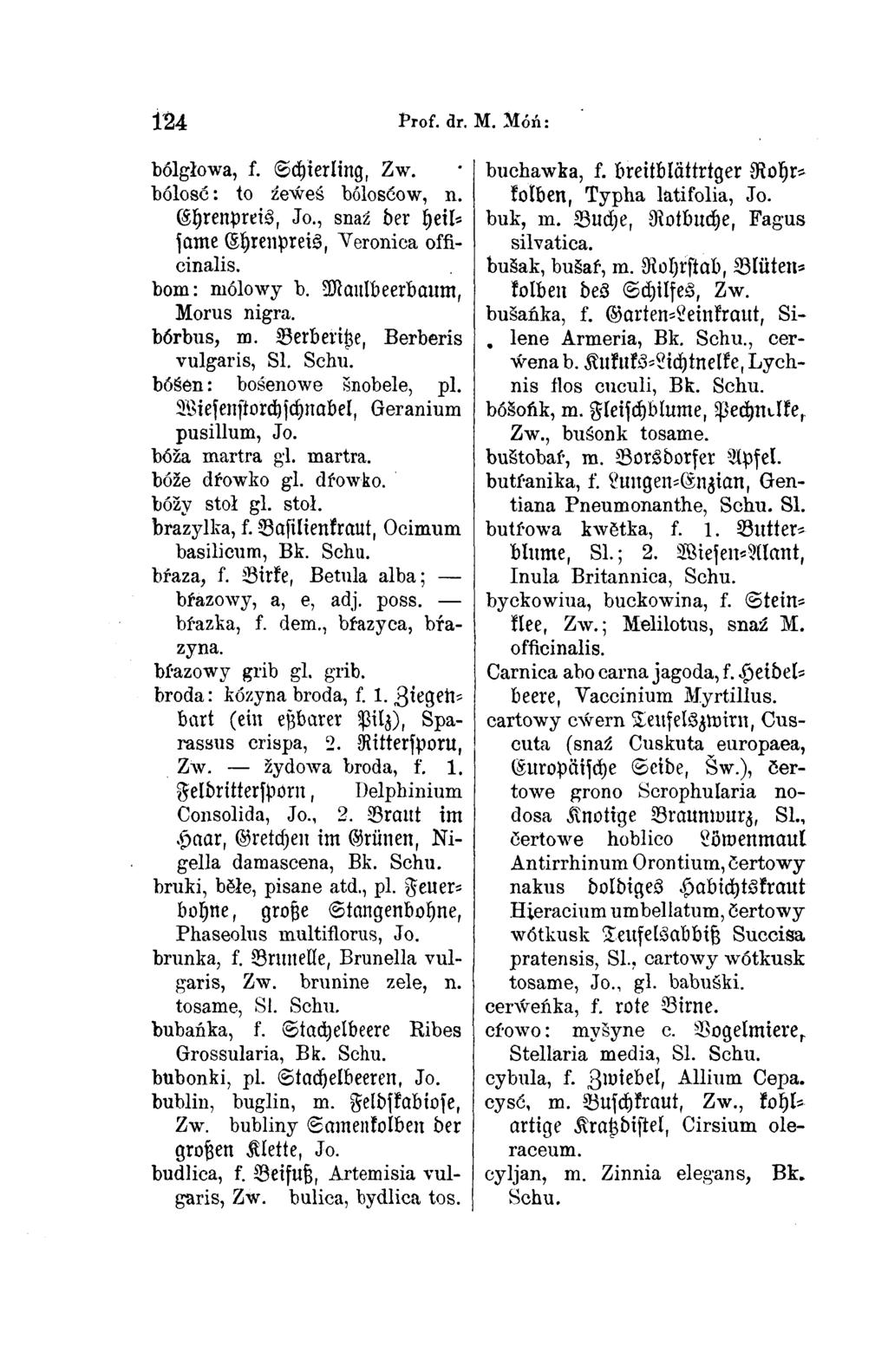 124 Prof. dr. M. Móń: bólgłowa, f. Schierling, Zw. bólosć: to źeẃeś bólosćow, n. Ehrenpreis, Jo., snaź der heil same Ehrenpreis, Veronica offi cinalis. bom: mólowy b. Maulbeerbaum, Morus nigra.