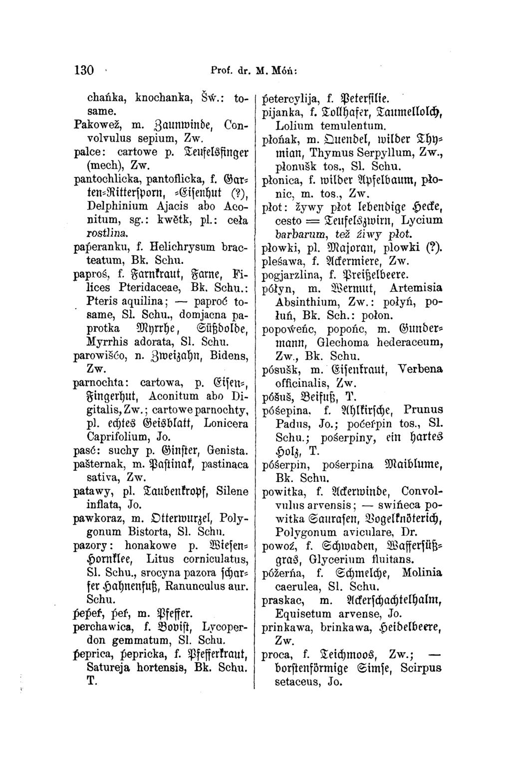 130 Prof. dr. M. Móń: knochanka, Šẃ.: to same. Pakowež, m. Zaunwinde, Con volvulus sepium, Zw. palce: cartowe p. Teufelsfinger (mech), Zw. pantochlicka, pantoflicka, f.