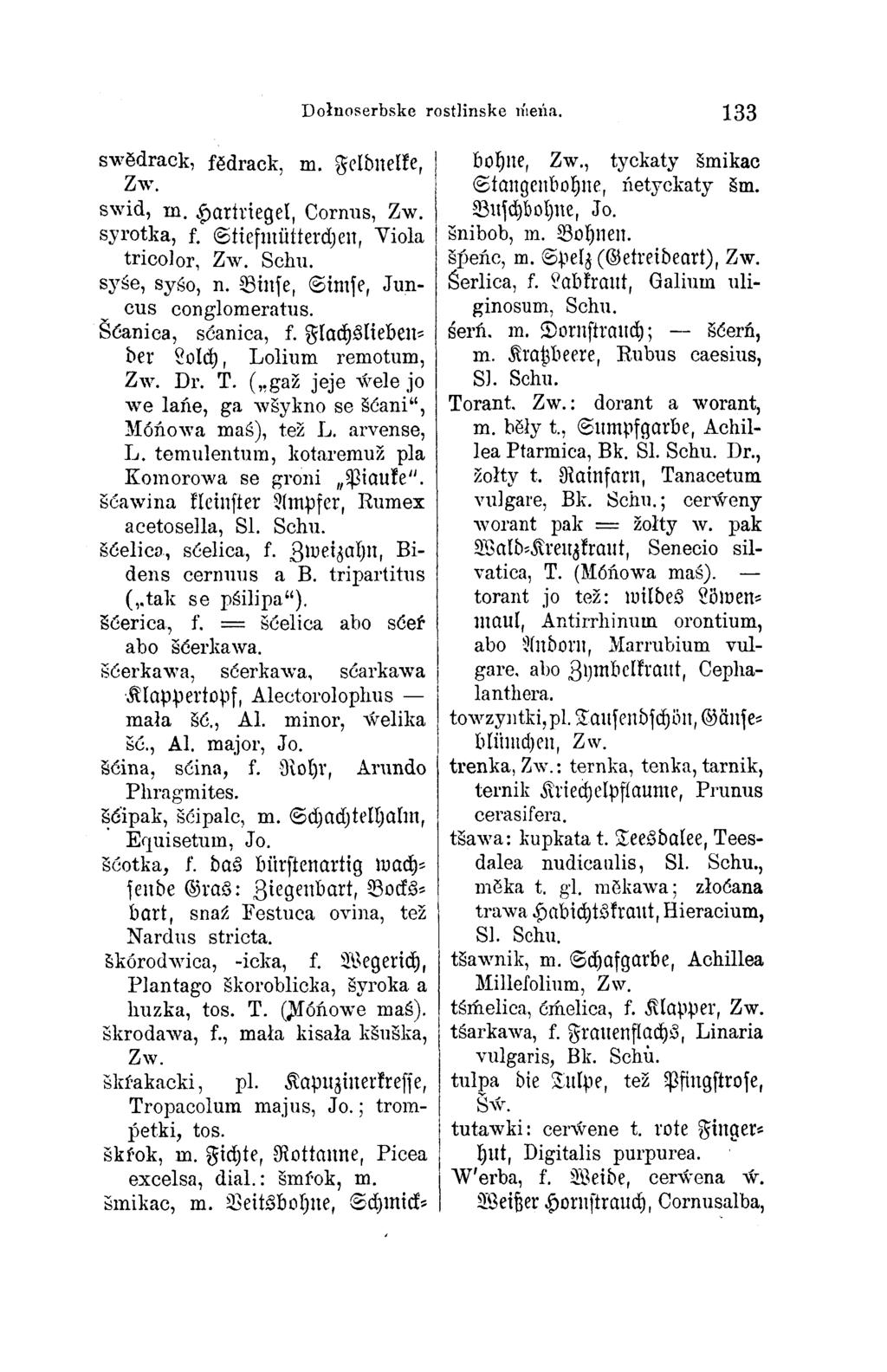 Dołnoserbske rostlinske mjeńa. 133 lanthera. swědrack, fědrack, m. Feldnelke, Zw. swid, m. Hartriegel, Cornus, Zw. syrotka, f. Stiefmütterchen, Viola tricolor, Zw. Schu. syśe, syśo, n.