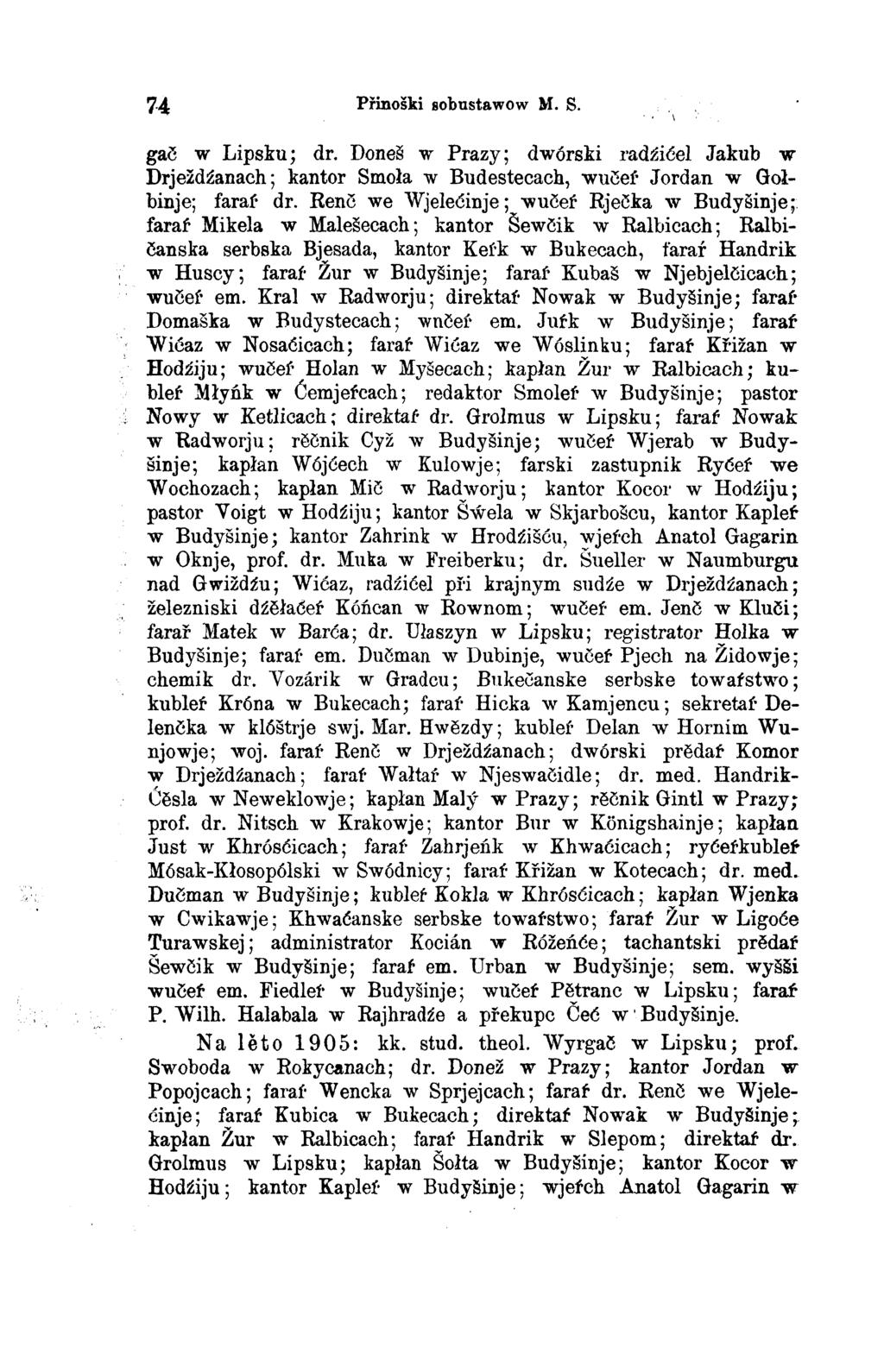74 Přinoški sobustawow M. S. w Lipsku; dr. Doneš w Prazy; dwórski radźićel Jakub w Drježdźanach; kantor Smoła w Budestecach, wučeŕ Jordan w Goł binje; faraŕ dr.
