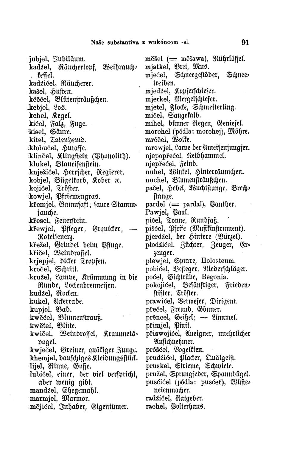 jubjel, Jubiläum. kadźel, Räuchertopf, Weihrauch kessel. kadźićel, Räucherer. kašel, Husten. kćěćel, Blütensträußchen. kebjel, Los. kehel, Kegel. kićel, Falz, Fuge. morchel (pódla: kisel, Säure.