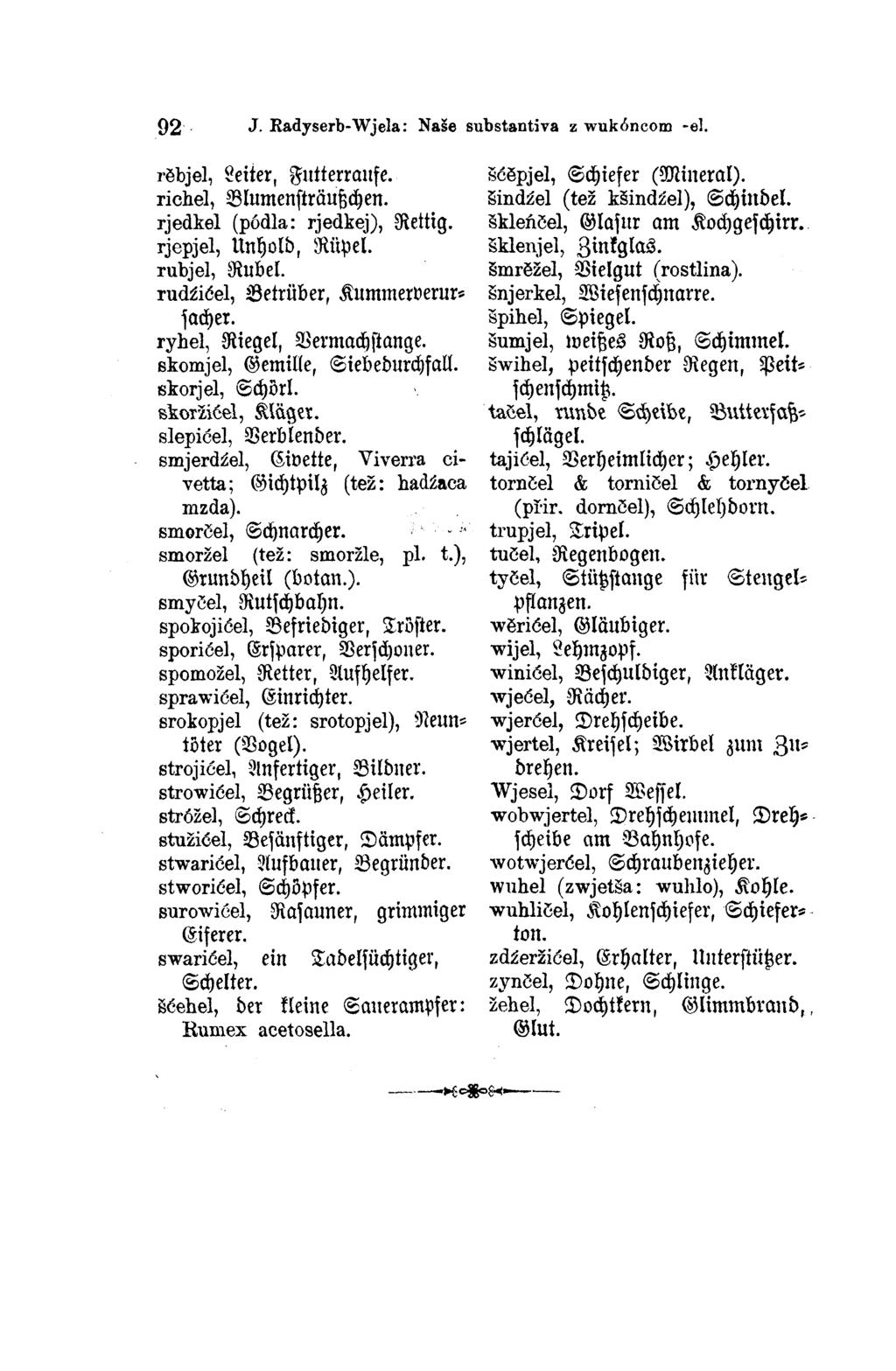 92 J. Radyserb-Wjela: Naše substantiva z wukóncom -el. pflanzen. rěbjel, Leiter, Futterraufe. richel, Blumensträußchen. rjedkel (pódla: rjedkej), Rettig. rjepjel, Unhold, Rüpel. rubjel, Rubel.