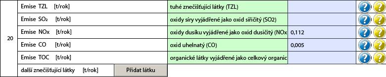 Příklady vyplnění množství emisí 1) Plynový kotel s celkovým jmenovitým tepelným příkonem 1,218 MW t a spotřebou zemního plynu 176 tis. m 3. NO x a CO - podle 6 odst.