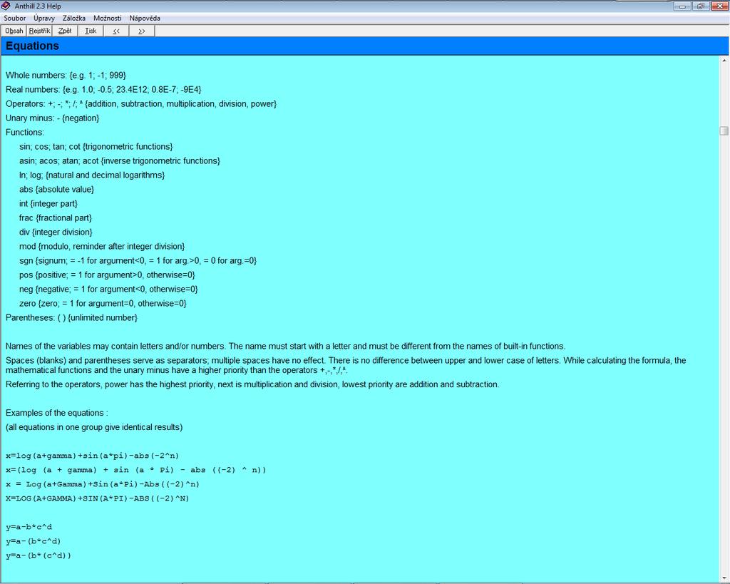 Výpočet metodou SBRA, program AntHill Nápověda programu Anthill (tvorba matematického modelu s