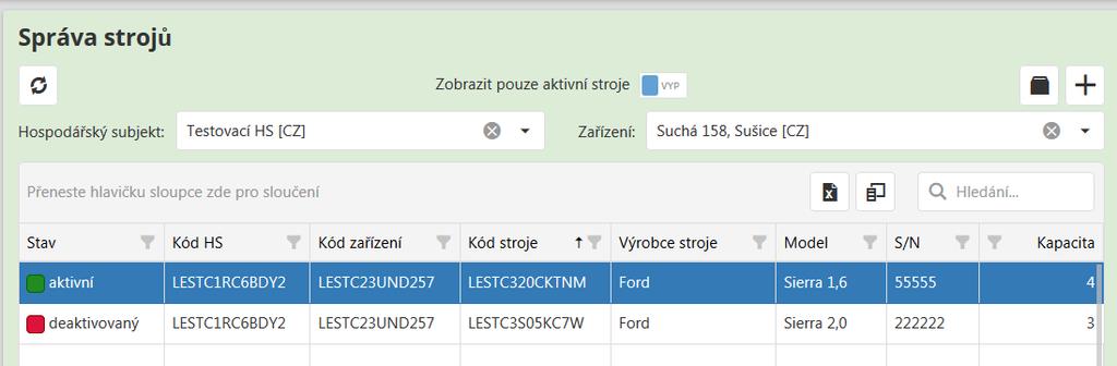 Ze seznamu lze vybrat přidat nový stroj. označený záznam (nebo dvojklikem) k aktualizaci případně tlačítkem 3.4.