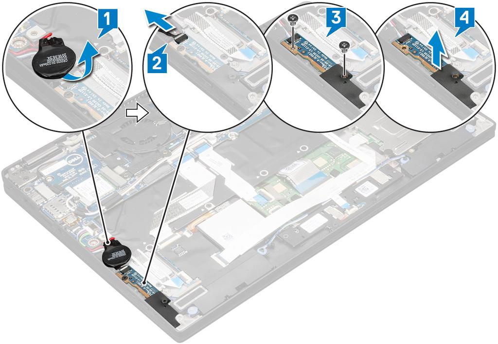 Instalace desky napájení 1 Vložte desku napájení a zarovnejte otvory pro šrouby. 2 Zašroubujte 2 šrouby (M2,0 x 3,0), které připevňují desku napájení k počítači.