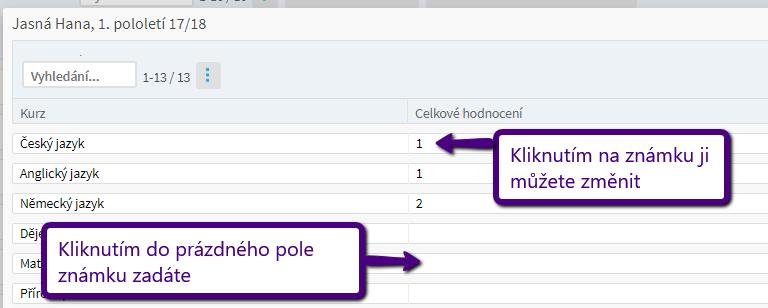 v Závěrce třídního učitele příslušného žáka a na daném řádku klikneme do pole Souhrn hodnocení.