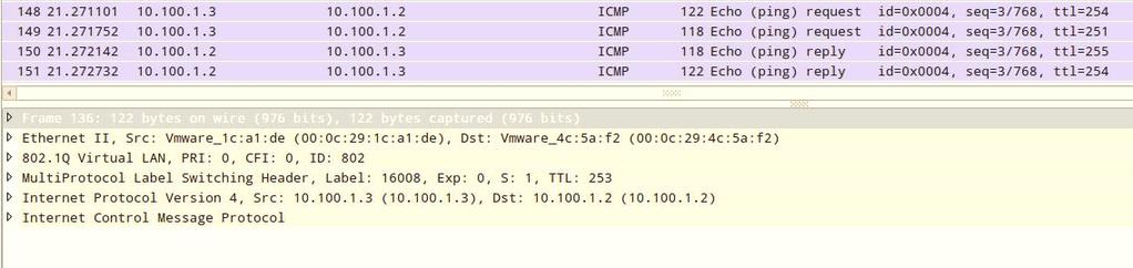 Obrázek 6: ping mezi koncovými sítěmi Na P1 směrovači jsme nahlédli do forwarding tabulky od MPLS: RP/0/0/CPU0:P1#show mpls ldp forwarding Prefix Label Label(s) Outgoing Next Hop Flags In Out