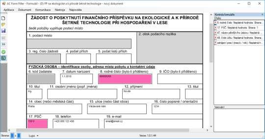 Aplikace také zobrazí na pravé straně přehlednou tabulku Kontrola formuláře. V její horní části se zobrazuje výpis všech chyb v celé žádosti.