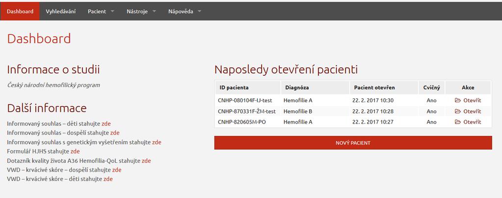 3 5 4 Obrázek 0: Výsledek vyhledávání 2 Po nalezení Vámi hledaného pacienta klikněte na tlačítko Otevřít v pravé části (viz [5] - Obrázek 0).