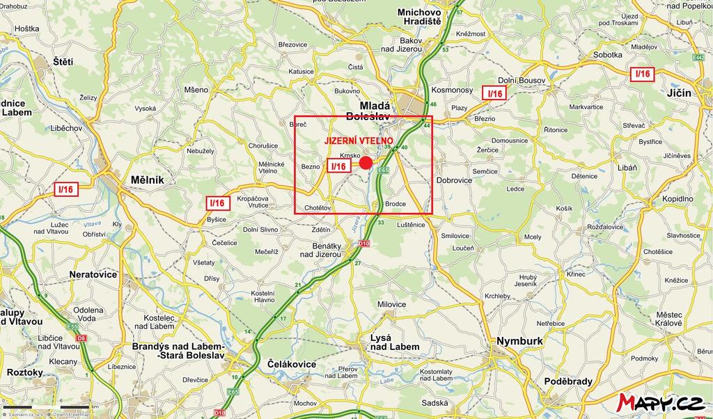 2.2 Údaje o území 2.2.1 Lokalizace Obrázek 5 Širší mapa okolí s vyznačením silnice
