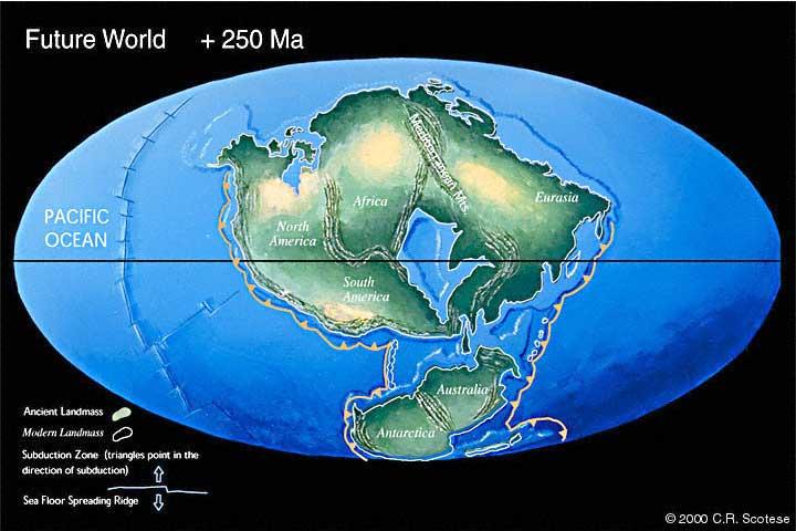 Představy budoucího paleogeografického vývoje Za 50 mil. let: Rozšiřování Atlantiku, Afrika - kolize s Evropou, uzavření Středozemního moře, Austrálie kolize s jv. Asií.
