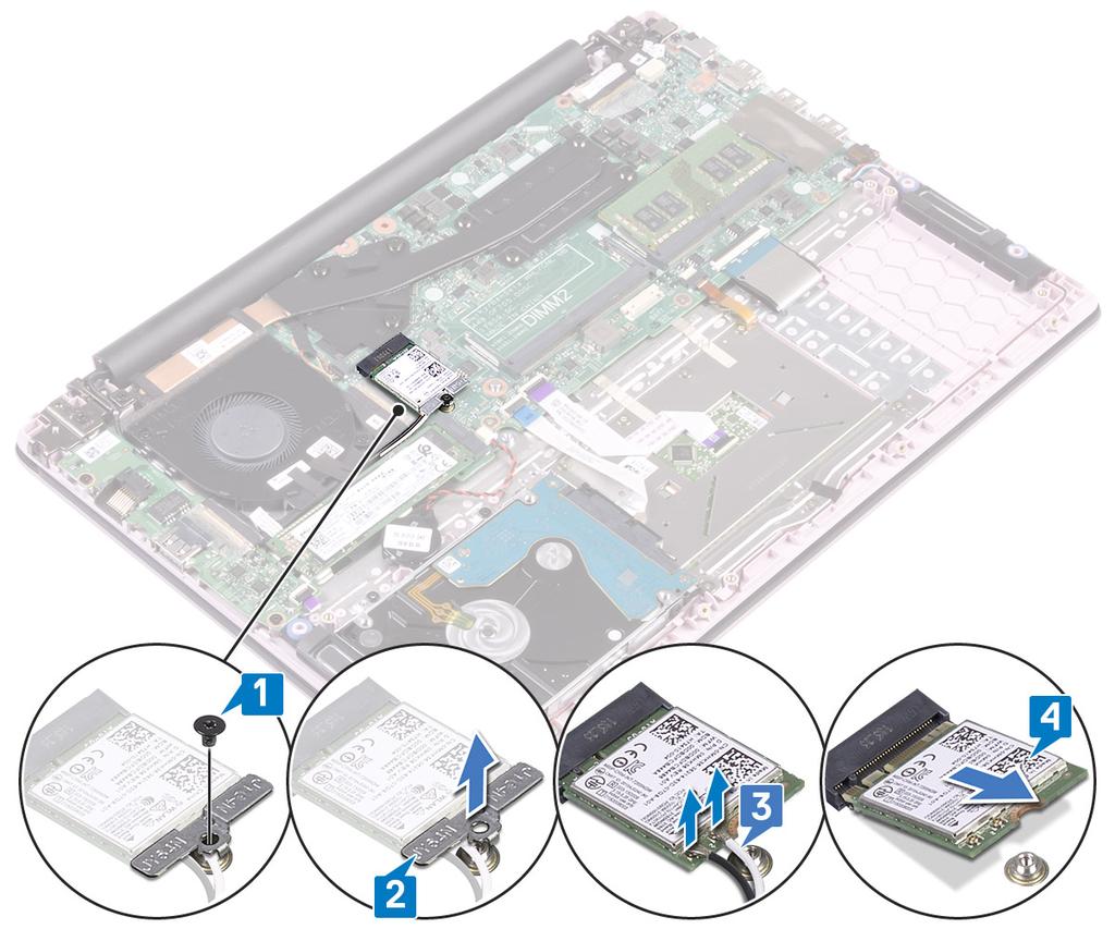 Montáž karty sítě WLAN 1 Připojte anténní kabely WLAN ke konektoru na kartě WLAN [1]. 2 Zasuňte kartu WLAN pod úhlem 45 do konektoru WLAN na základní desce [2].