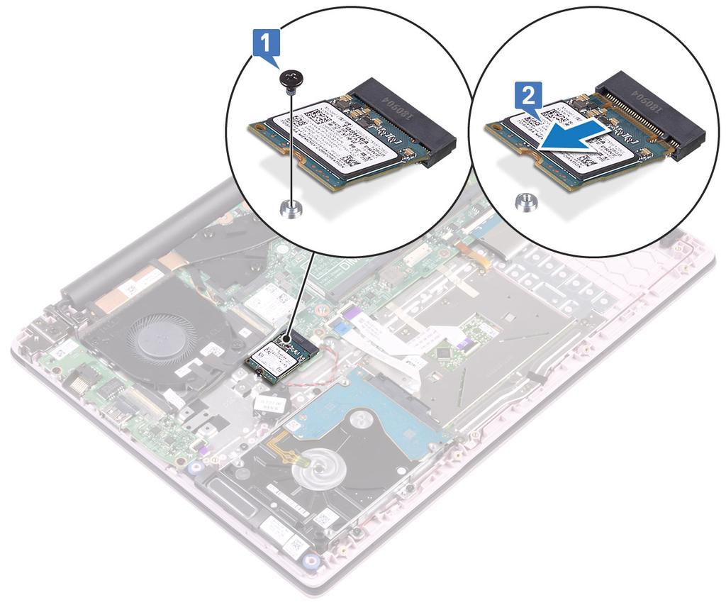 Montáž disku SSD 1 Montáž modulu disku SSD M.2 2280: a Zarovnejte a zasuňte modul SSD do konektoru na základní desce [1].
