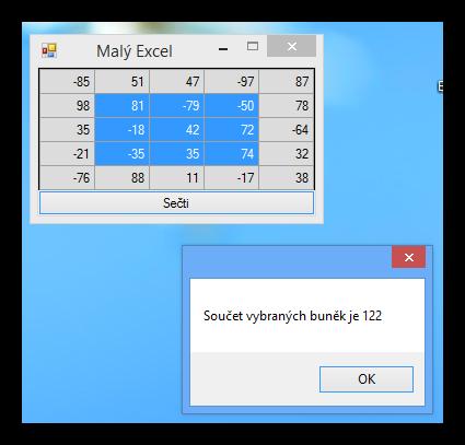 Př. program, který sečte myší označené buňky. Tabulka je vyplněna náhodně.